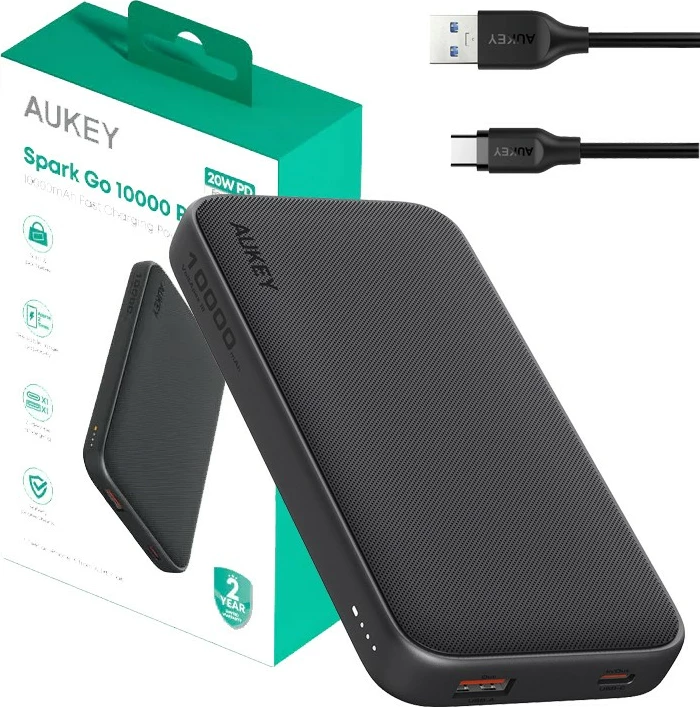 Power bank AUKEY PB-Y46P Spark Go, 10000mAh, 22.5W, 2xUSB, USB-C kabllo, Zi