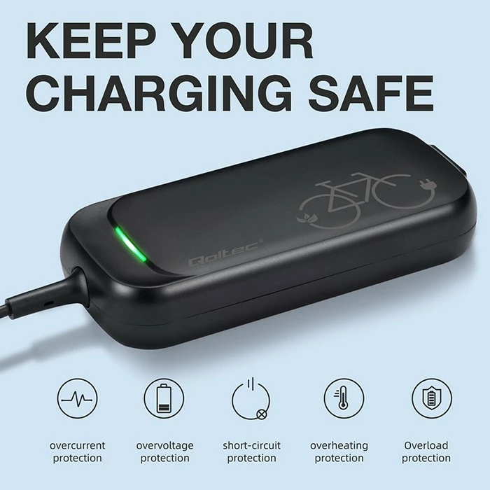 Karikues për biçikletë elektrike, Qoltec, 50762, 42V 2A 84W për bateri 36V Li-ion, prizë Bosch, IP54, me kabllo rryme, i zi