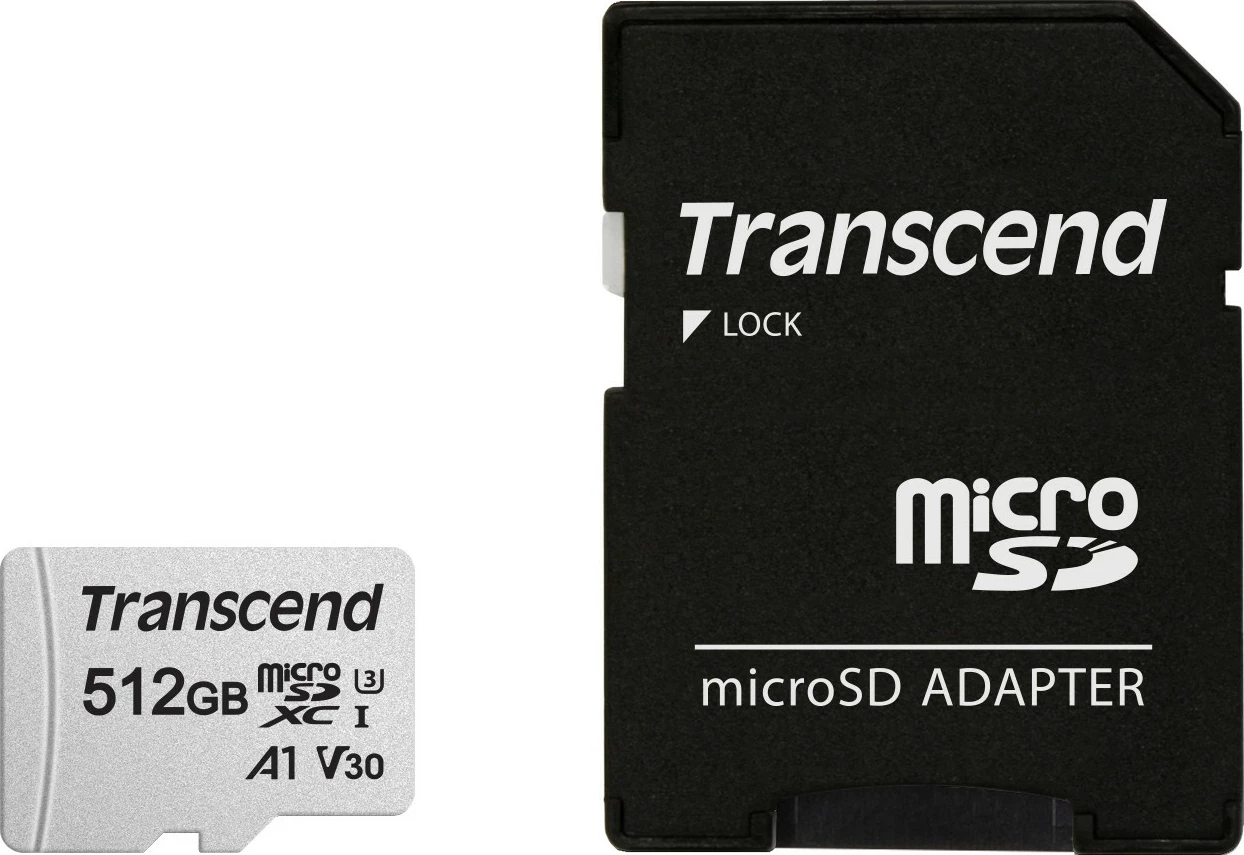 microSDXC kartelë Transcend 300S 512GB me adapter, Class 3, A1, V30, argjend