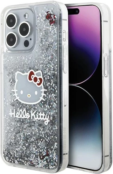 Mbështjellës Hello Kitty Liquid Glitter Charms Kitty Head për iPhone 15 Pro Max, argjendtë