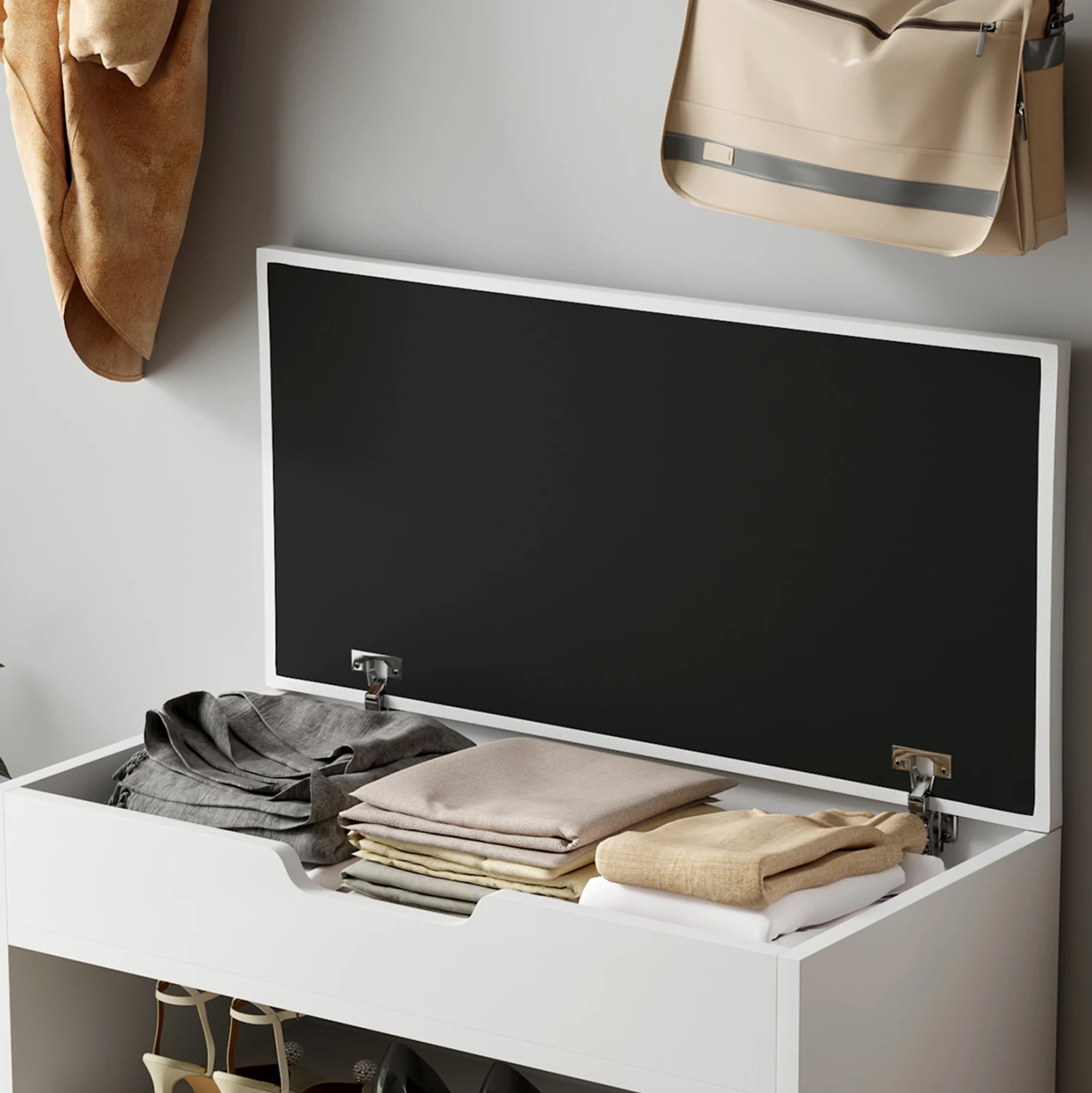 Raft këpucësh me ulëse, ROMIR FH2477.03, melaminë, ngjyrë bardhë-bardhë, 60x30x44H cm