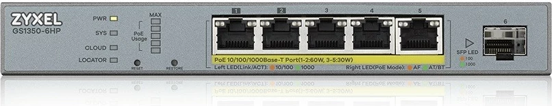 Kasë rrjeti Zyxel GS1350-6HP, Managed Switch, 5x Gigabit PoE, 1x SFP, 60W, Gri
