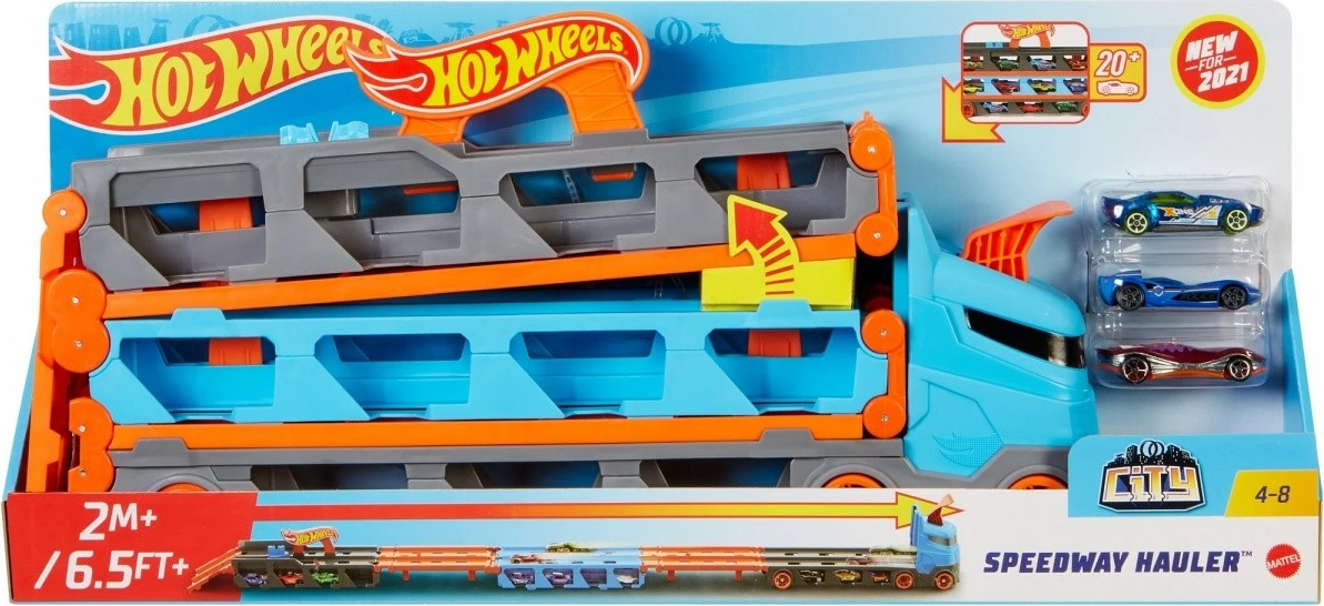 Kamion lodër Hot Wheels Race Transporter 2-in-1 me 3 makina, kaltër/hiri/portokalli