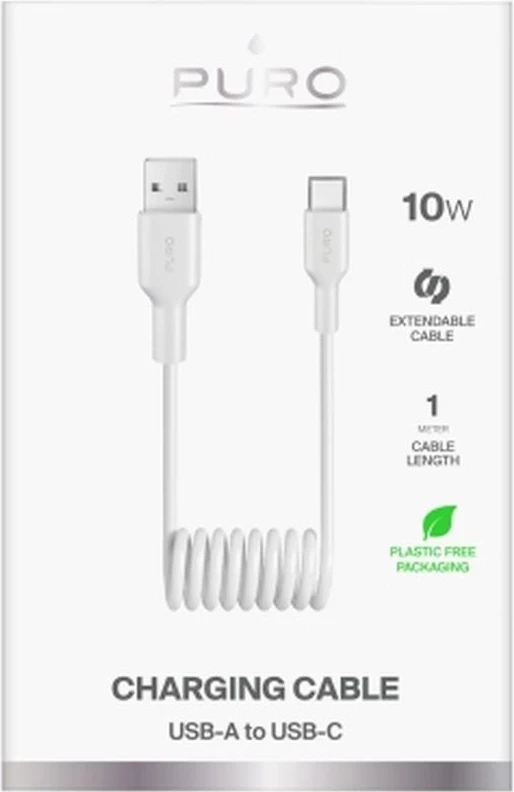 Kabllo spiral Puro USB-A në USB-C, 1m, 10W, Bardhë
