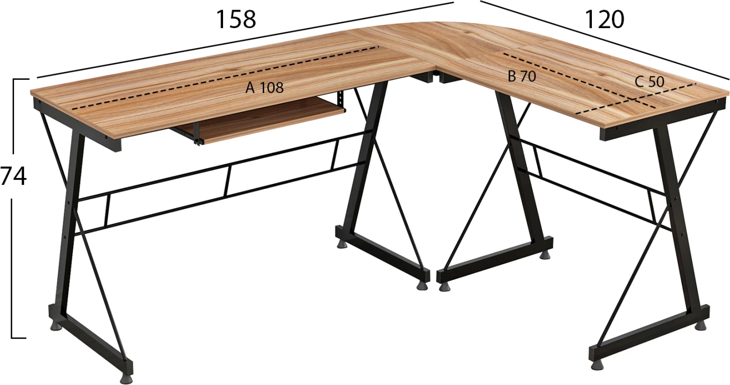 Tavolinë për zyre, qoshe, ngjyrë arre, me kornizë metalike, FH2127.02, 158Χ120Χ74 cm