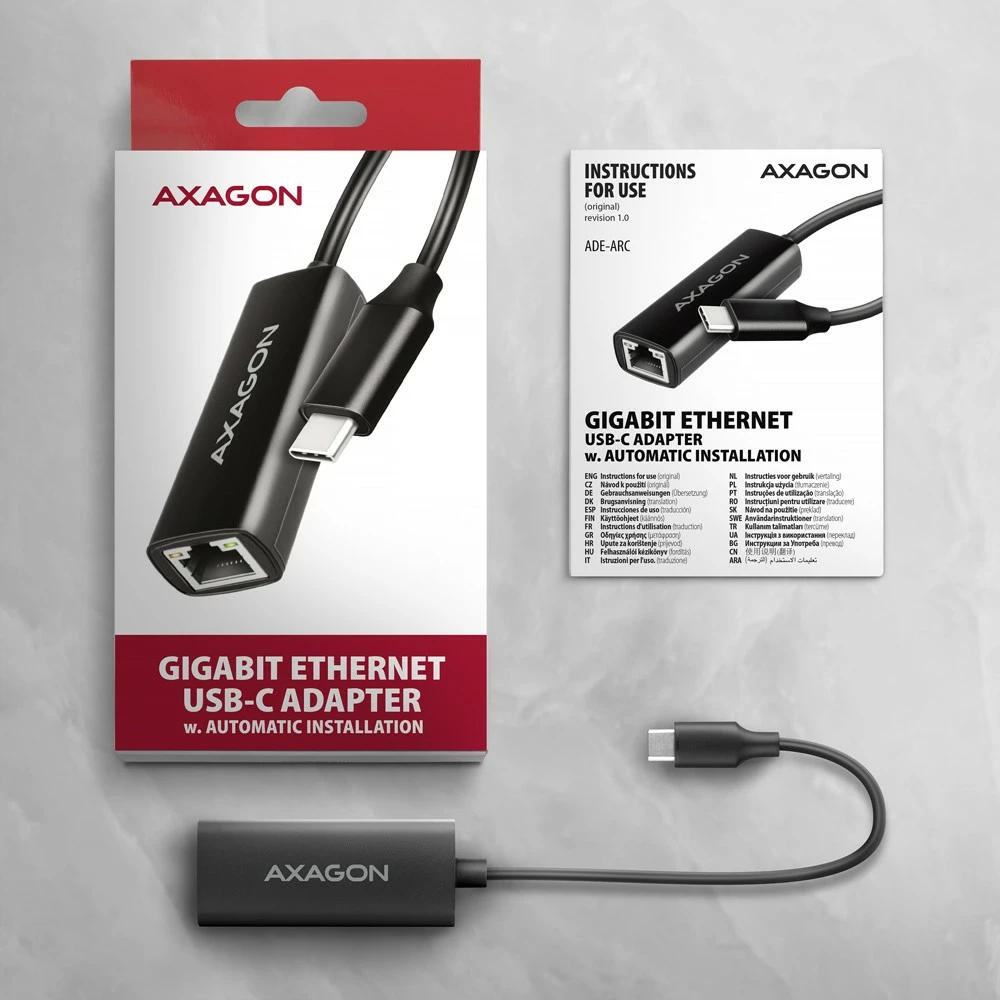 Adapter rrjeti AXAGON ADE-ARC, USB-C 3.2 Gen 1 në Gigabit Ethernet, i zi