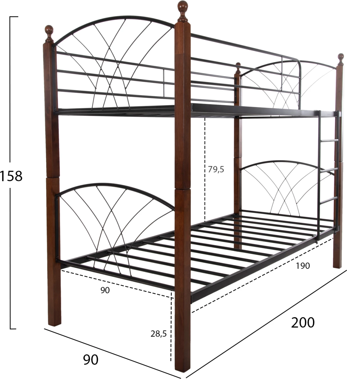 Krevati marinari STOREY FH687 metalik i zi-dru gome në ngjyrë arre 200x90x158Hcm