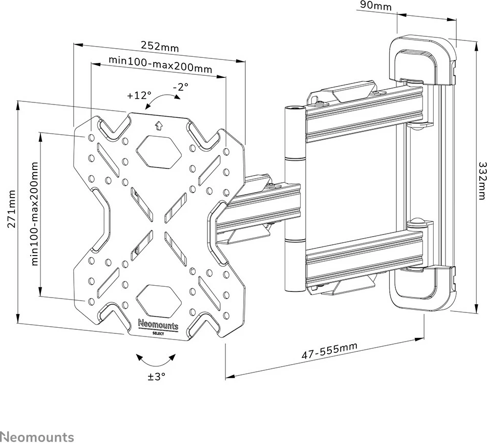 Mbajtës muri Newstar WL40S-850BL12, 100 x 100 mm, 200 x 200 mm, Çelik, i zi