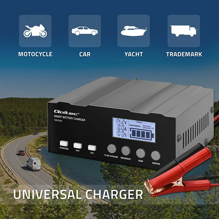 Karikues inteligjent baterie Qoltec 52491, 12V/12.6V/24V, funksion riparimi, LCD, i zi