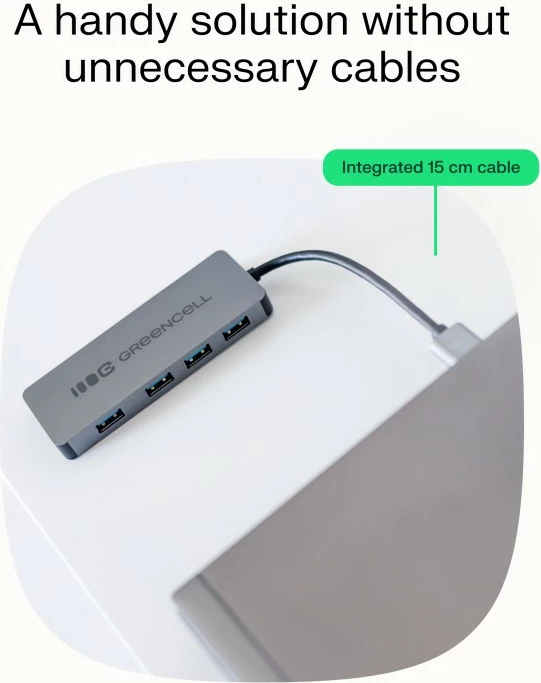 Hub USB-A, Green Cell HUB-GC-A4A, 4x USB 3.0 deri 5 Gb/s, kabëll i integruar 15 cm, kasë alumini, argjend/zi