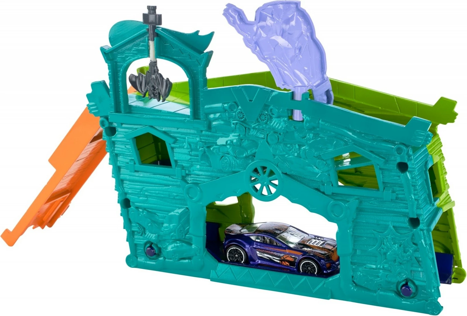 Set garazh lodër Hot Wheels Haunted Garage FJN34/FJN38, me veturë, Jeshile/Portokalli/Vjollcë