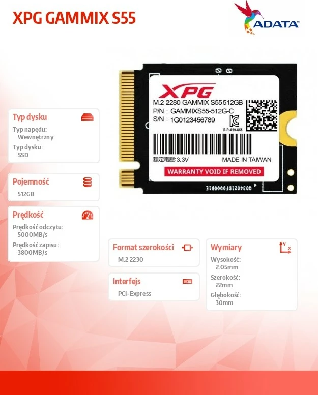 SSD Adata XPG GAMMIX S55, 512GB, M.2 2230, PCIe 4x4