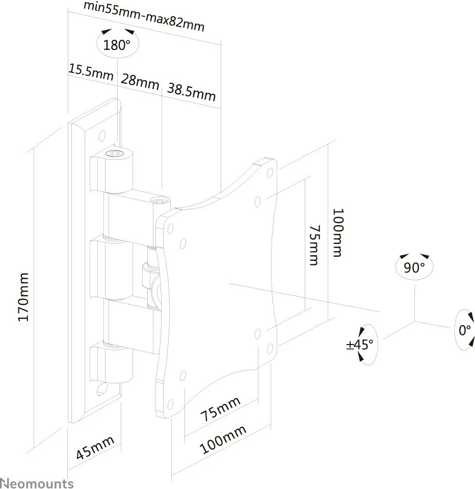 Mbajtës muri Neomounts FPMA-W810BLACK, 75 x 75 mm, 100 x 100 mm, Alumini, E zezë