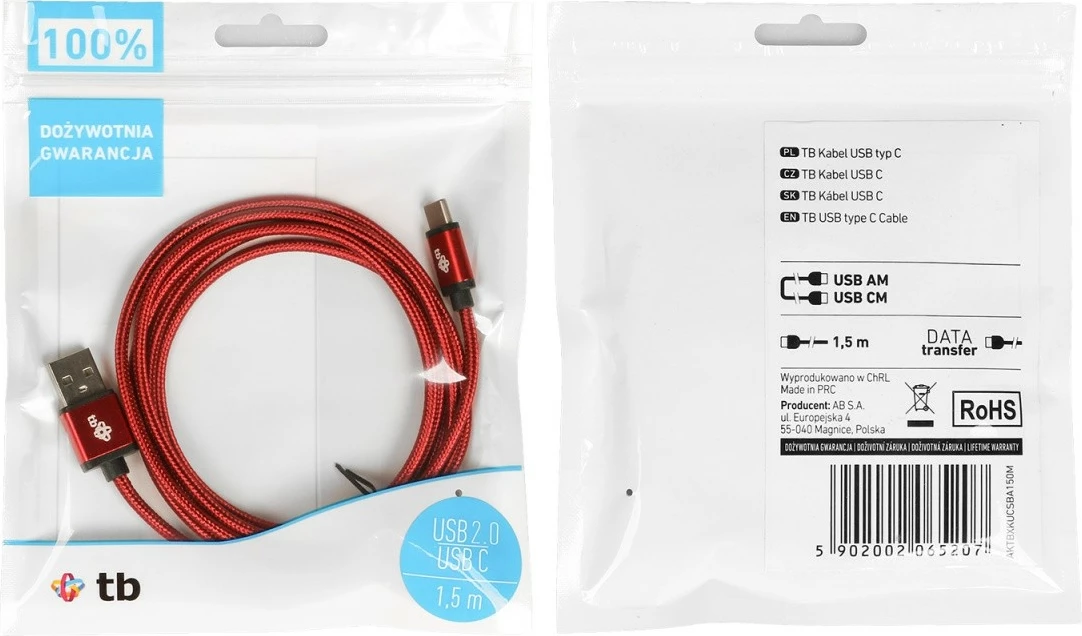 Kabllo USB në USB Type C TB AKTBXKUCSBA150M, 1.5m, Ruby