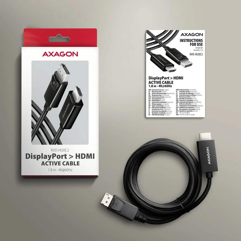 Adapter kabllo DisplayPort në HDMI AXAGON RVD-HI20C2, 1.8m, 4K/60Hz, i zi