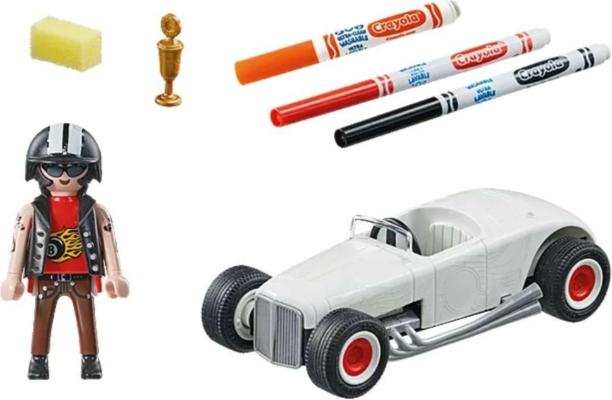 Set lodër Playmobil Color Hot Rod 71376 me pisakë Crayola, për fëmijë