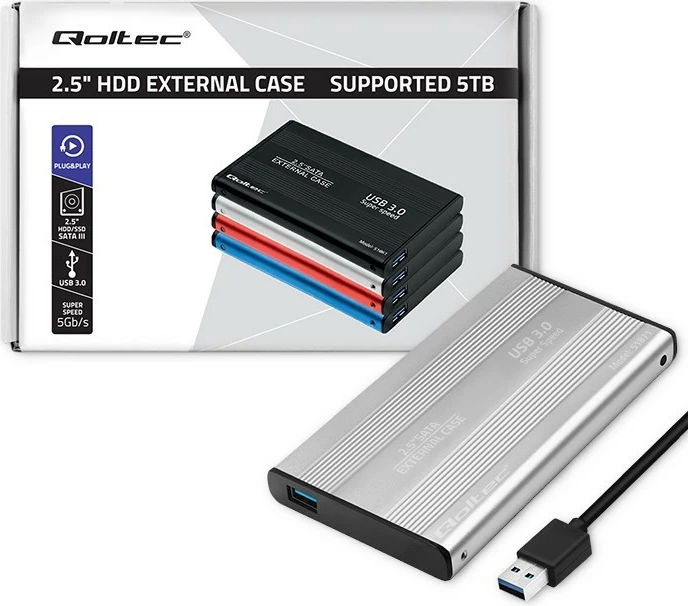 Kasë Qoltec 2.5" për HDD/SSD, USB 3.0, Argjendtë