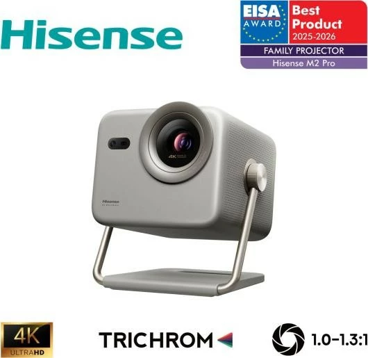 Projektor lazer 4K, Hisense M2 Pro, 1300 ANSI lm, short throw 1.0–1.3:1, auto-focus/keystone, Wi‑Fi/Bluetooth, gri