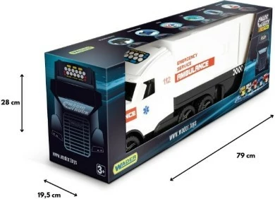 Kamion lodër ambulancë me rimorkio, Wader, Magic Truck Action 36211, gjatësi 81 cm, plastike, e bardhë e kuqe e zezë