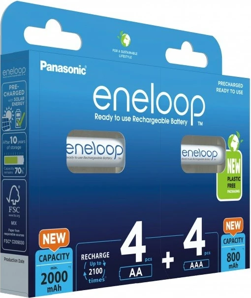 Bateri të rikarikueshme Panasonic Eneloop BK-3MCDE+4MCDE/8CP, 4x AA 2000 mAh + 4x AAA 800 mAh, Bardhë, set 8 copë