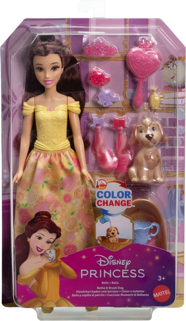 Kukull Disney Princess Belle me qenush dhe aksesorë, Mattel JFC42, Verdhë, set