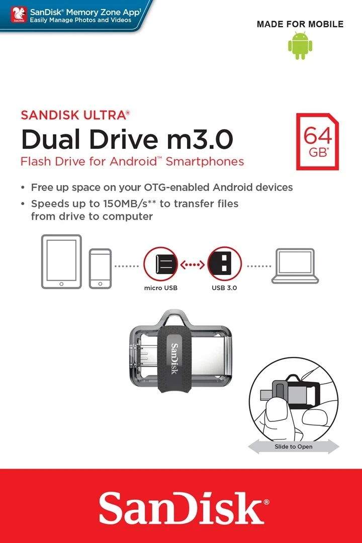 USB Flash SanDisk Ultra Dual m3.0, 64 GB, USB Type-A / Micro-USB 3.2 Gen 1 (3.1 Gen 1), E zezë, Argjendtë, Transparent