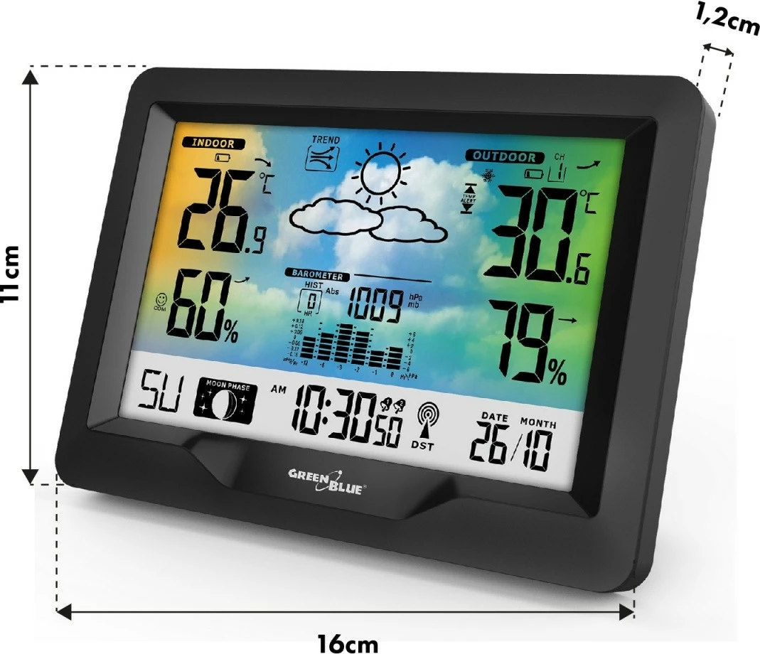 Stacion moti pa tela GreenBlue GB540N me indikator komoditeti, matje lagështie, fazat e hënës, orë DCF, zi
