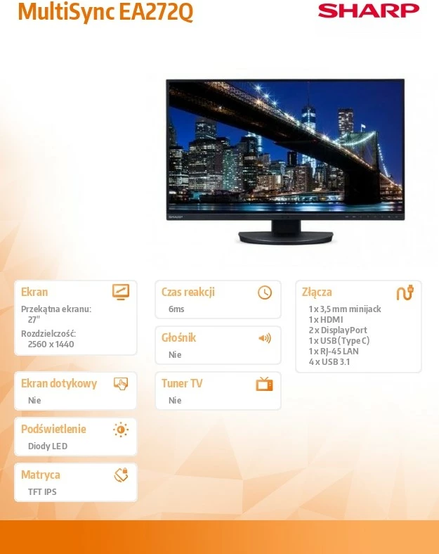 Monitor Sharp MultiSync EA272Q, 27 inç, Quad HD, USB-C, i zi