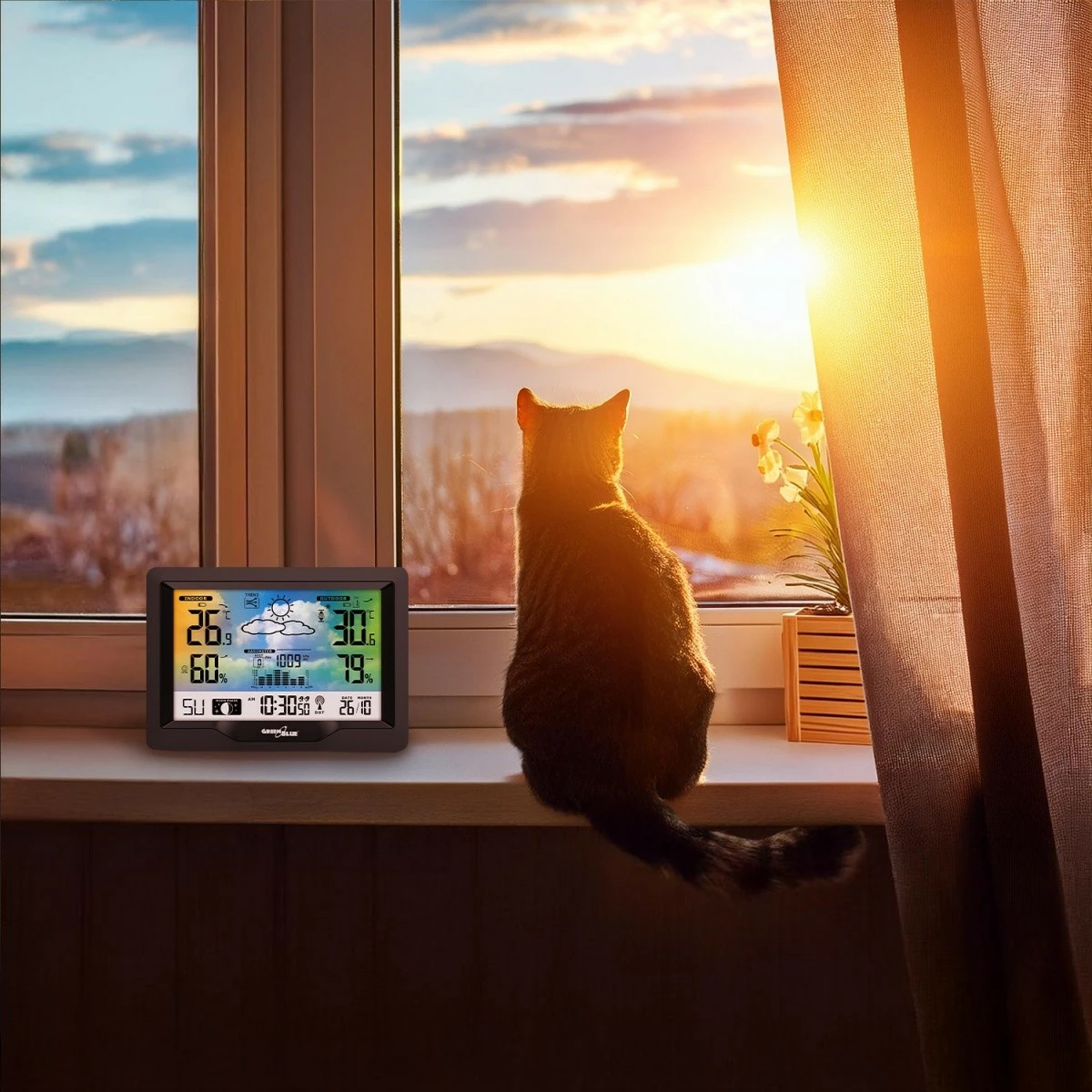 Stacion moti pa tela GreenBlue GB540N me indikator komoditeti, matje lagështie, fazat e hënës, orë DCF, zi