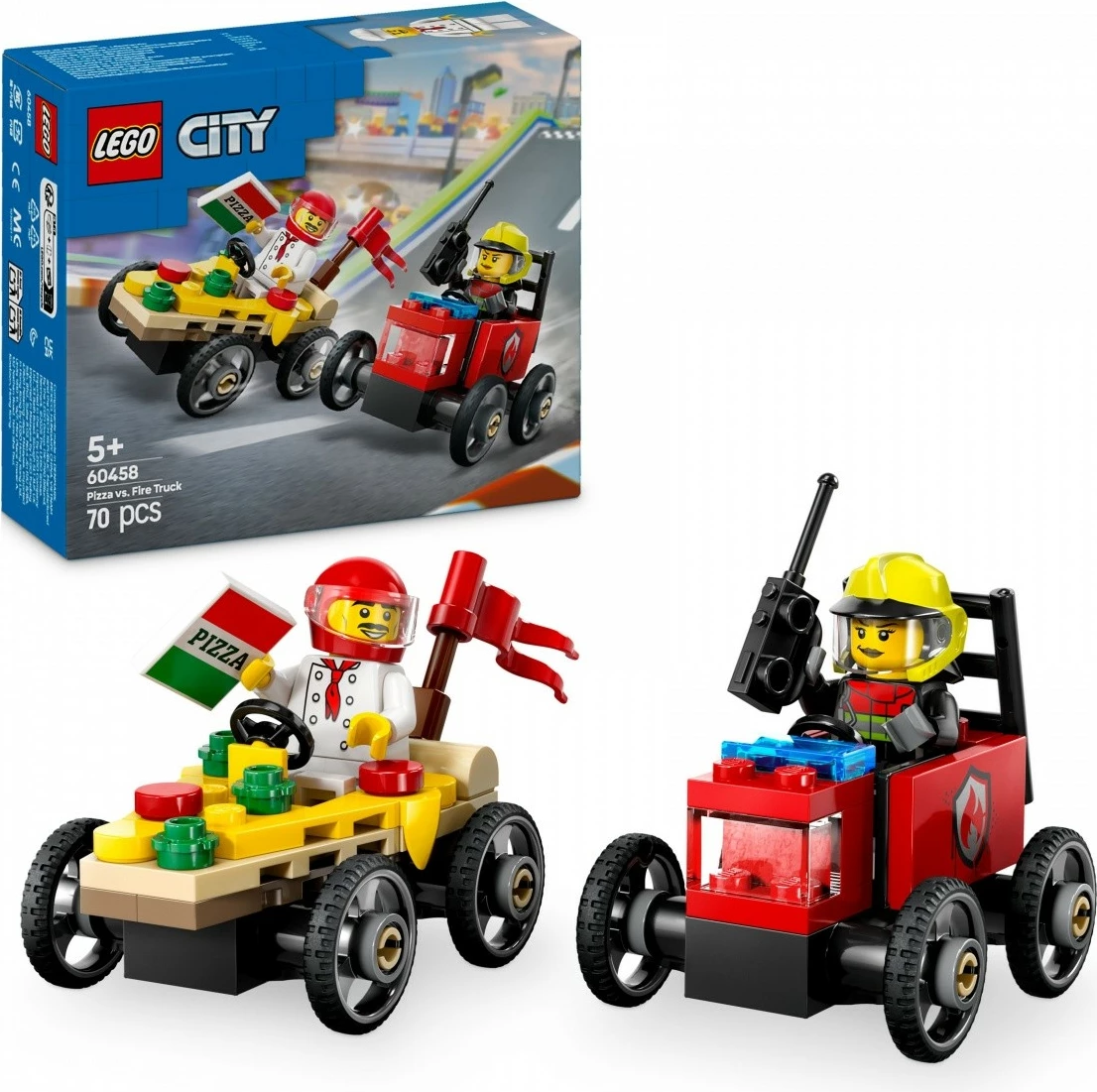 Set lodrash LEGO City Race Car, 60458, 70 pjesë, Pizza vs Fire Truck