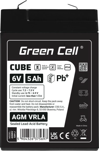 Bateri AGM VRLA, Green Cell, AGM6V5AH-J, 6V 5Ah, IP54, e zezë