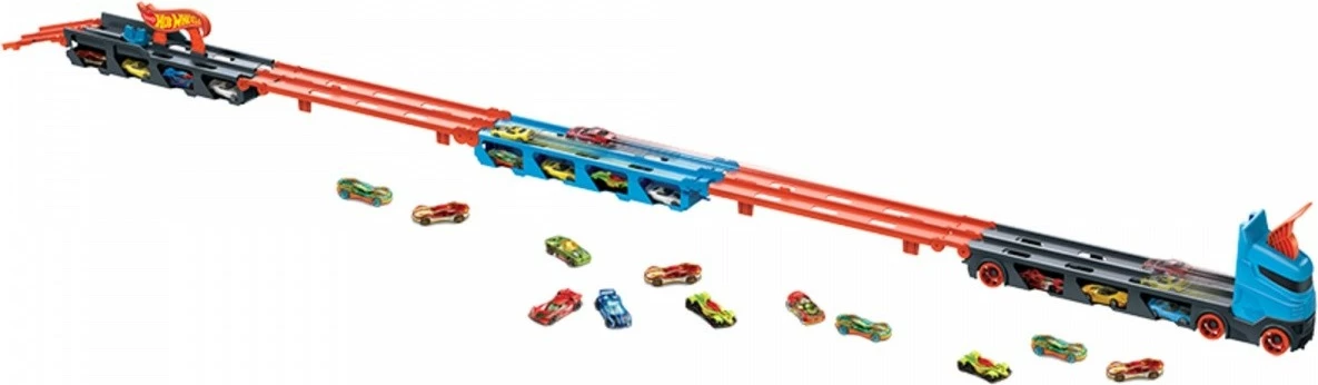 Kamion lodër Hot Wheels Race Transporter 2-in-1 me 3 makina, kaltër/hiri/portokalli