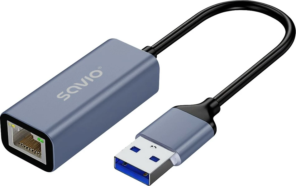 Adapter rrjeti USB-A në RJ-45 Gigabit, Savio, AK-83, USB 3.1 Gen 1 5 Gbps, 10/100/1000 Mbps, kabllo 18 cm, argjend