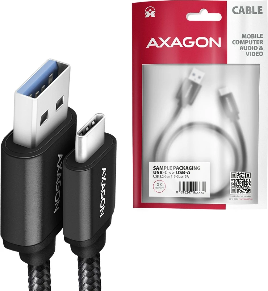 Kabllo AXAGON BUCM3-AM10AB USB-C në USB-A, 1m, 3A, i zi, i thurur