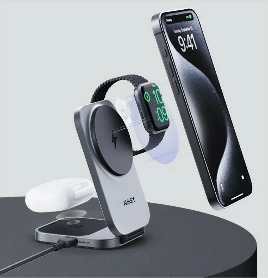Karikues wireless 3-në-1 AUKEY LC-MC312 MagSafe Qi2, 15W + Karikues PD 30W, Gri, me etui
