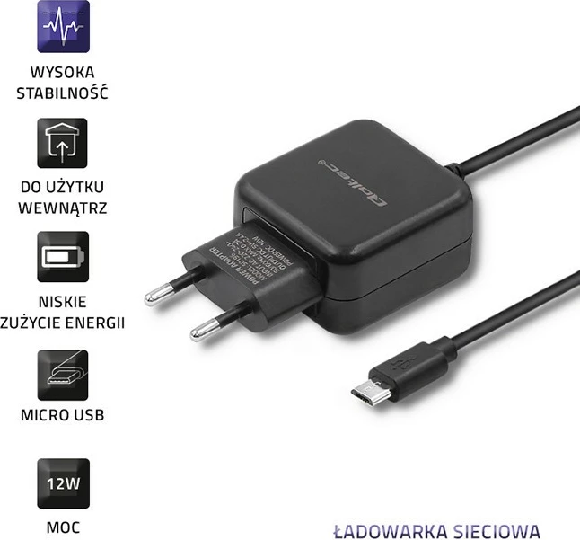Adapter energjie Qoltec 50196, 5V, 2.4A, 12W, microUSB, Zi