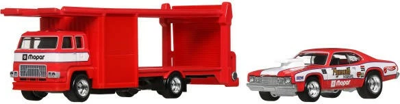 Set kamion transporti me veturë, Hot Wheels, Plymouth Duster Team Transport FLF56/JBM38, 1:64 metal/plastikë, i kuq/bardhë, set