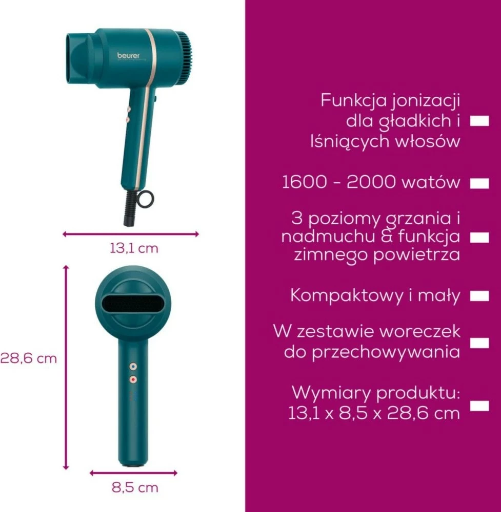 Tharëse flokësh Beurer HC35 Ocean, 2000 W, 3 nivele, jonizim, Kaltër-turkeze