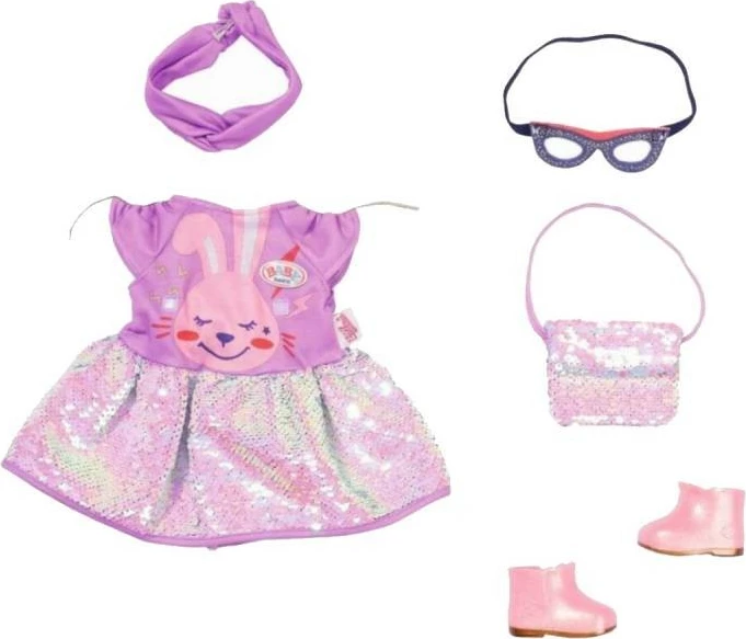 Set veshjesh për kukulla BABY born Zapf, 43cm, fustan me sekuenca, çantë, maskë, shirit dhe çizme, vjollcë