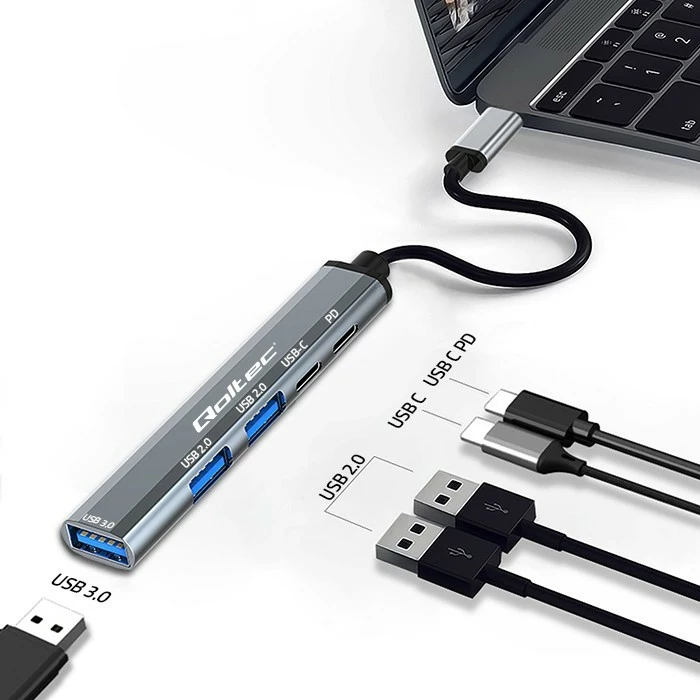 HUB USB-C Qoltec 53790, 5 porte, USB 3.0/2.0/USB-C/PD, grafit