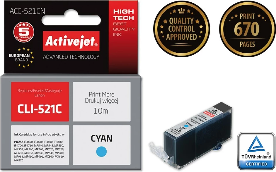 Ngjyrë zëvendësuese Activejet ACC-521CN për printer Canon, 10ml, e kaltër