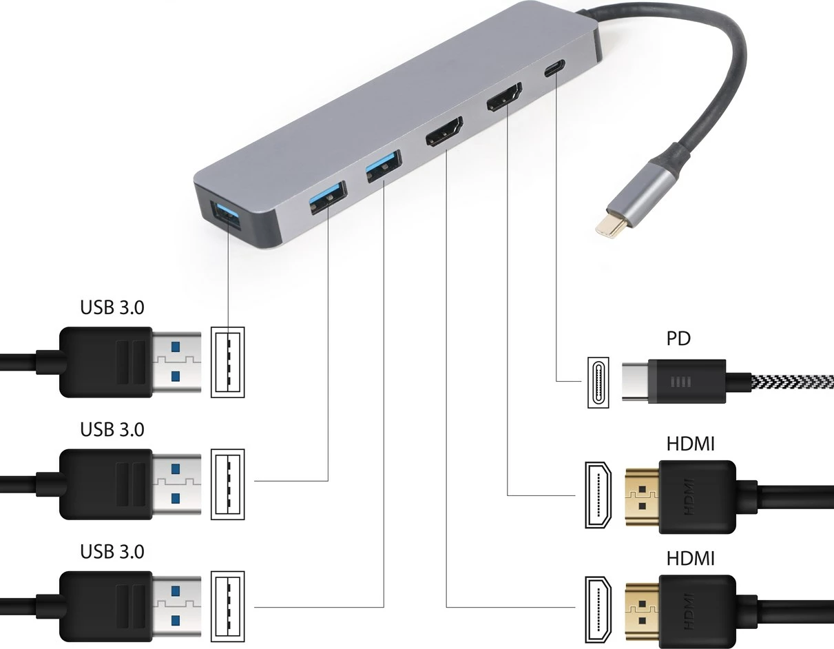 Përshtatës Gembird A-CM-COMBO3-03, Hub/HDMI/PD, hiri
