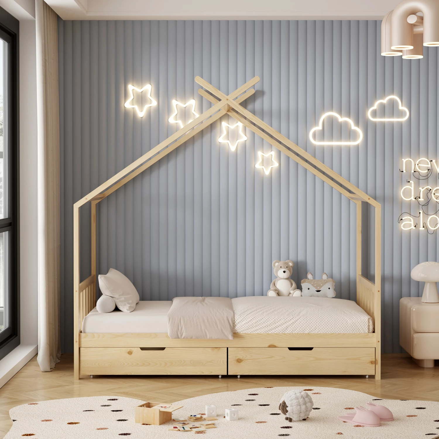 Krevat për fëmijë KLARICE FH680.01 t.MONTESSORI-2 sirtarë- dru pishe i fortë në ngjyrë natyrale- 190x90cm