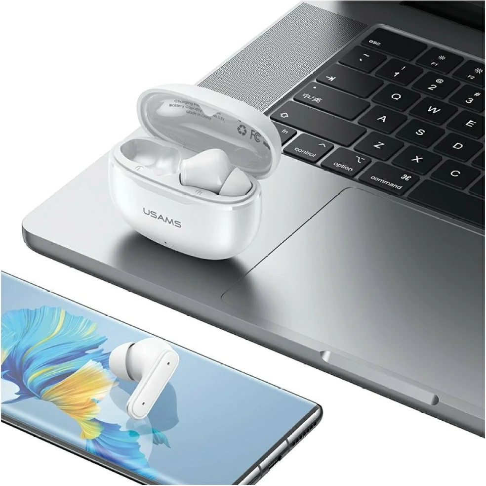 Kufje Bluetooth TWS, USAMS E05 (USA001684), Bluetooth 6.0, me kuti karikimi USB-C, të bardha