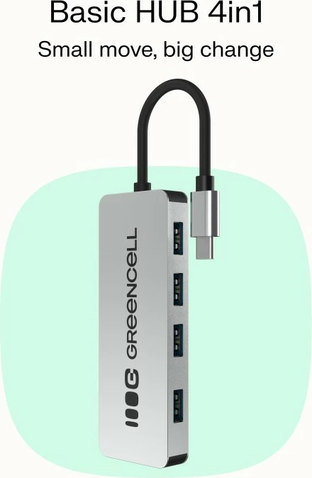 HUB USB-C, Green Cell, HUB-GC-C4A, 4x USB-A 3.0 deri 5 Gb/s, kabllo e integruar 15 cm, argjendtë/zezë