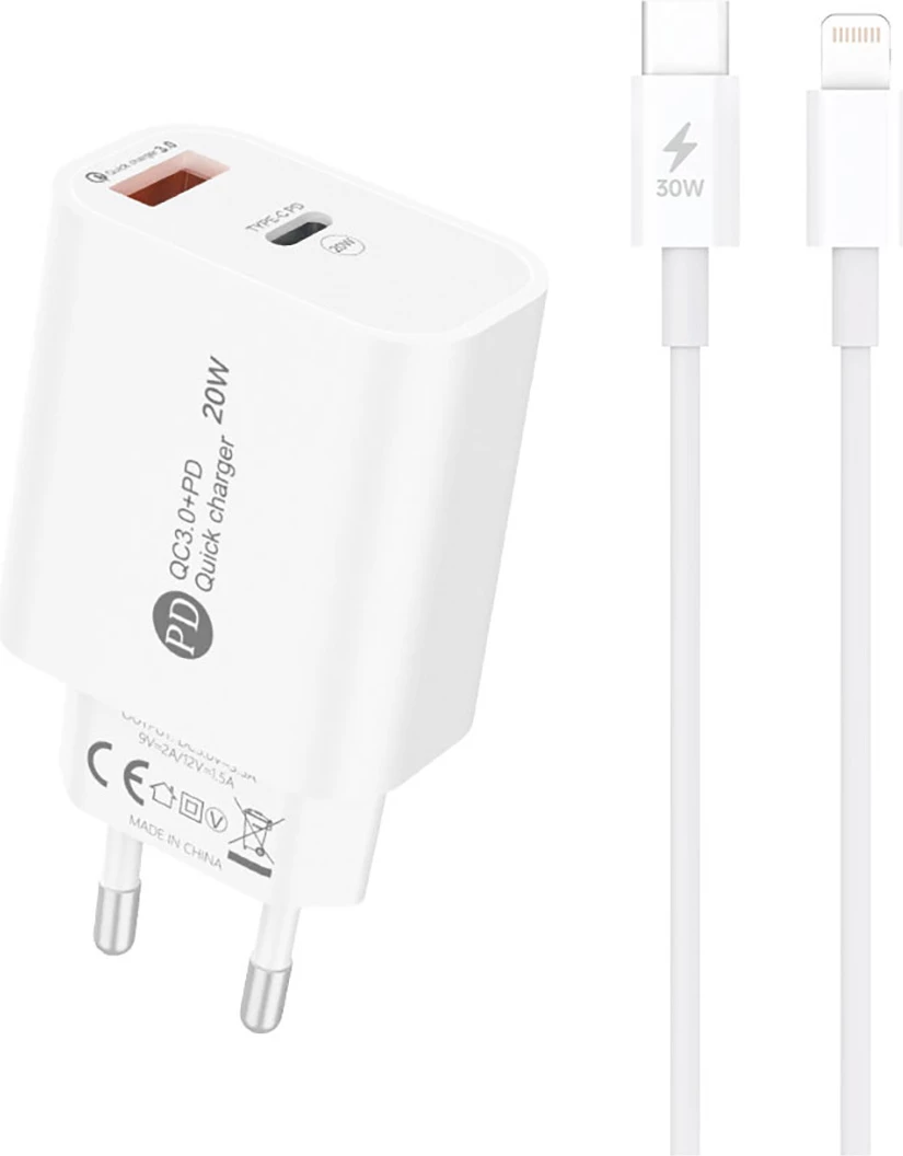 Karikues muri Hurtel A6MaxL, 20W, 2 porta USB-A + USB-C, me kabllo USB-C në Lightning 1m, Bardhë