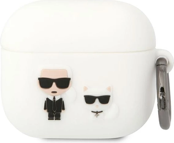 Mbështjellës Karl Lagerfeld për AirPods 3, silikon, i bardhë, me unazë