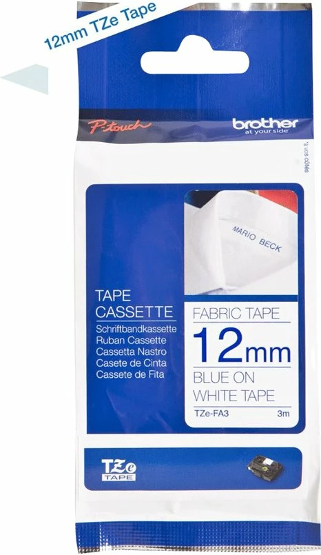 Kasetë tekstili Brother TZe-FA3, 12mm, 3m, kaltër në të bardhë