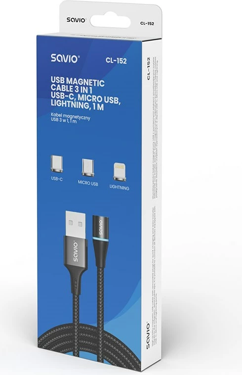 Kabllo USB SAVIO CL-152, 1m, USB 2.0, USB C/Micro USB/Lightning, e zezë