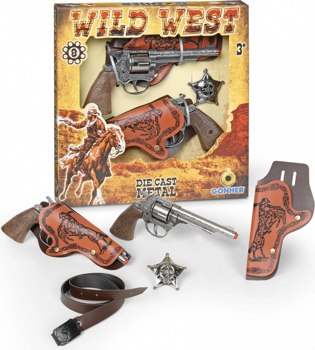 Set kauboj Pulio Gonher 155158/0 me 2 revolverë, badge, kabura, kafe/argjend